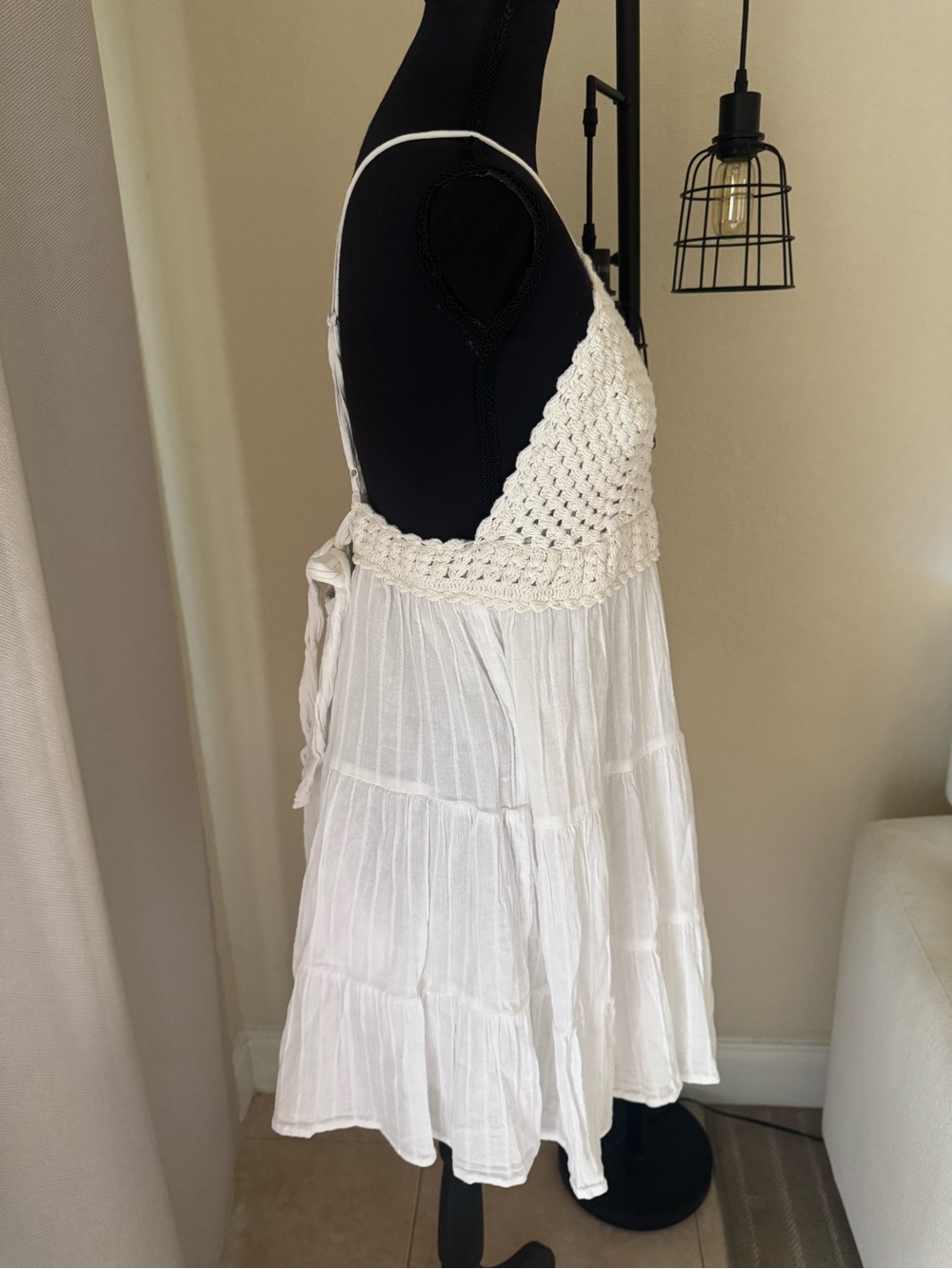 Aerie White Crochet Mini Dress XL Boho Cottagecore Tiered Sundress - Picture 6 of 9